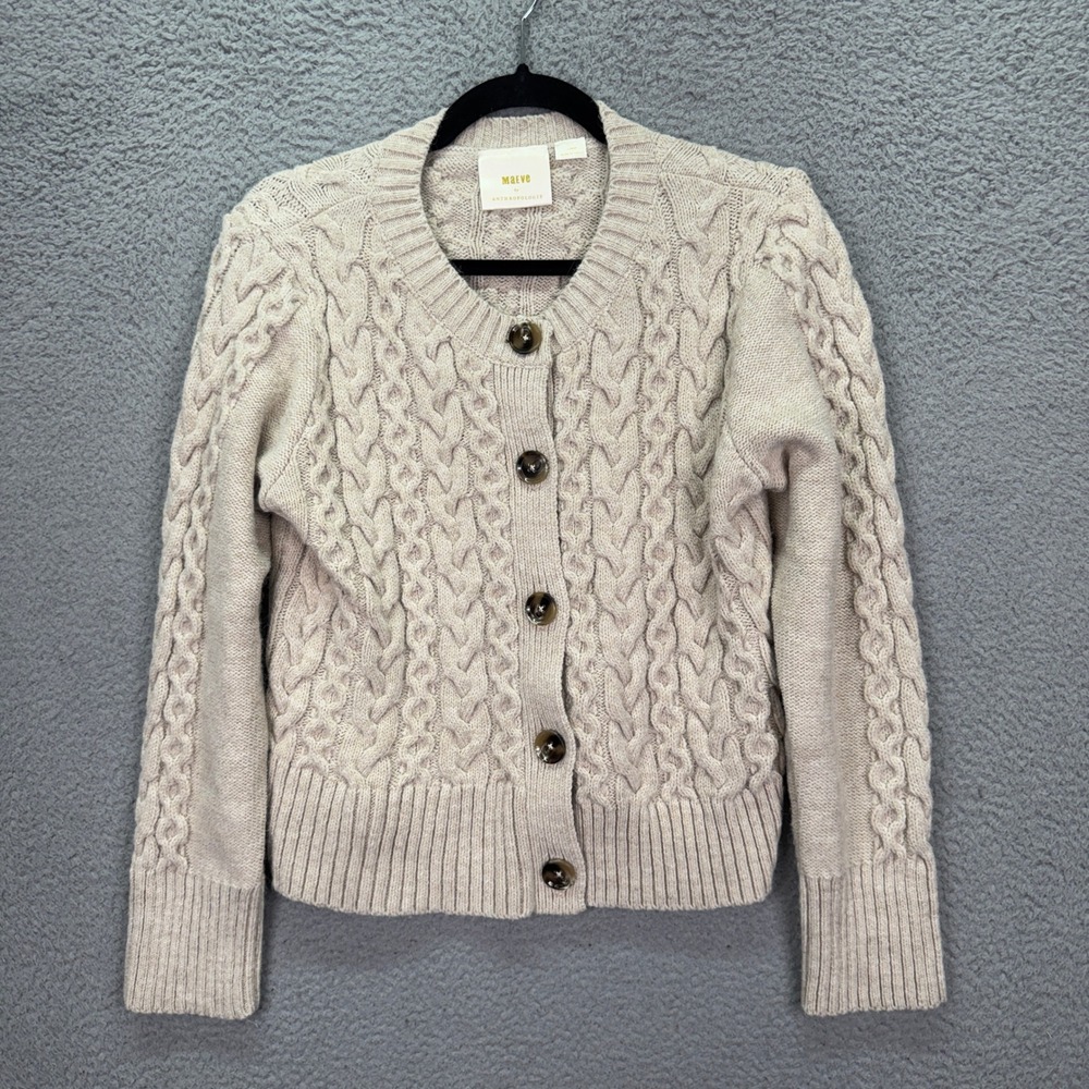 Maeve Sweater Womens L Oatmeal Beige Cable Knit Cardigan Preppy Quiet Luxury